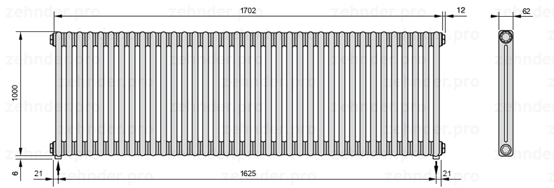 Схема (чертеж) Радиатор Zehnder Charleston 2100/37 №3570 Белый глянцевый RAL 9016